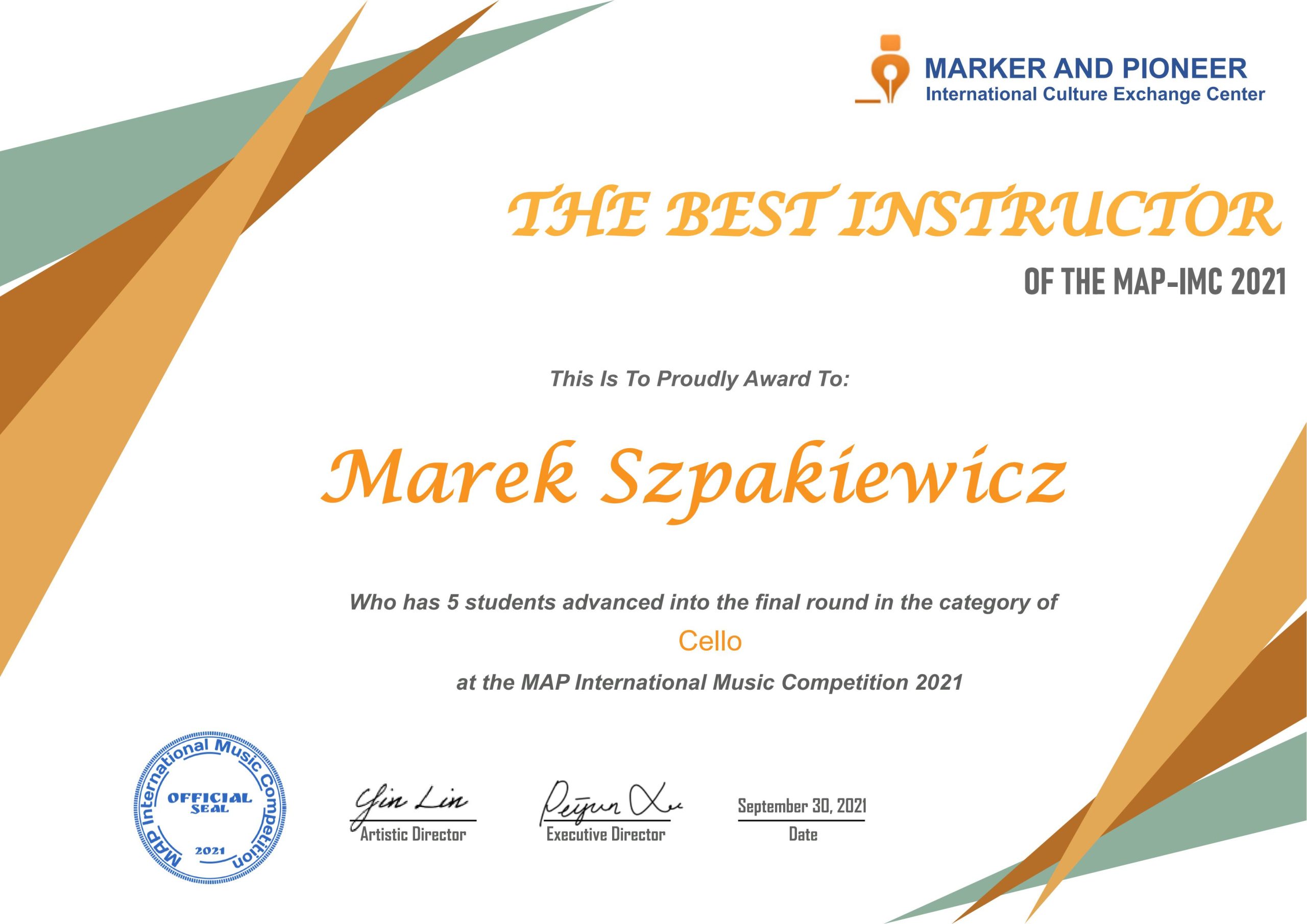 The Best Instructors at MAP-IMC 2021 / MAP国际音乐大赛最佳指导奖